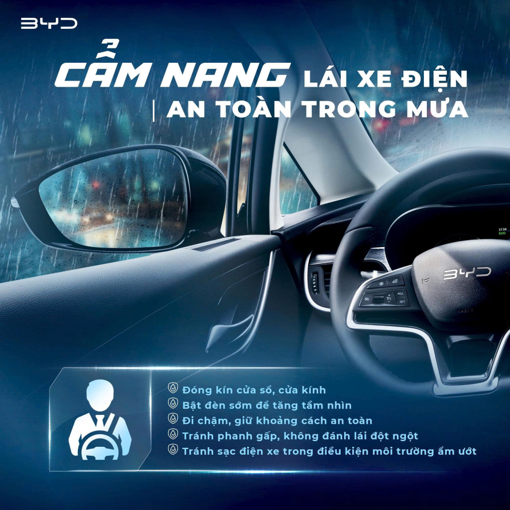 Kinh nghiệm lái xe điện BYD an toàn khi trời mưa bão từ BYD Vĩnh Phúc – Đại lý chính hãng của BYD tại Phú Thọ.