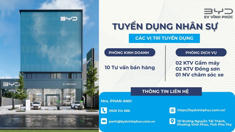 BYD Vĩnh Phúc Tuyển Dụng – Cơ Hội Nghề Nghiệp Hấp Dẫn Cùng Thương Hiệu Xe Điện Toàn Cầu
