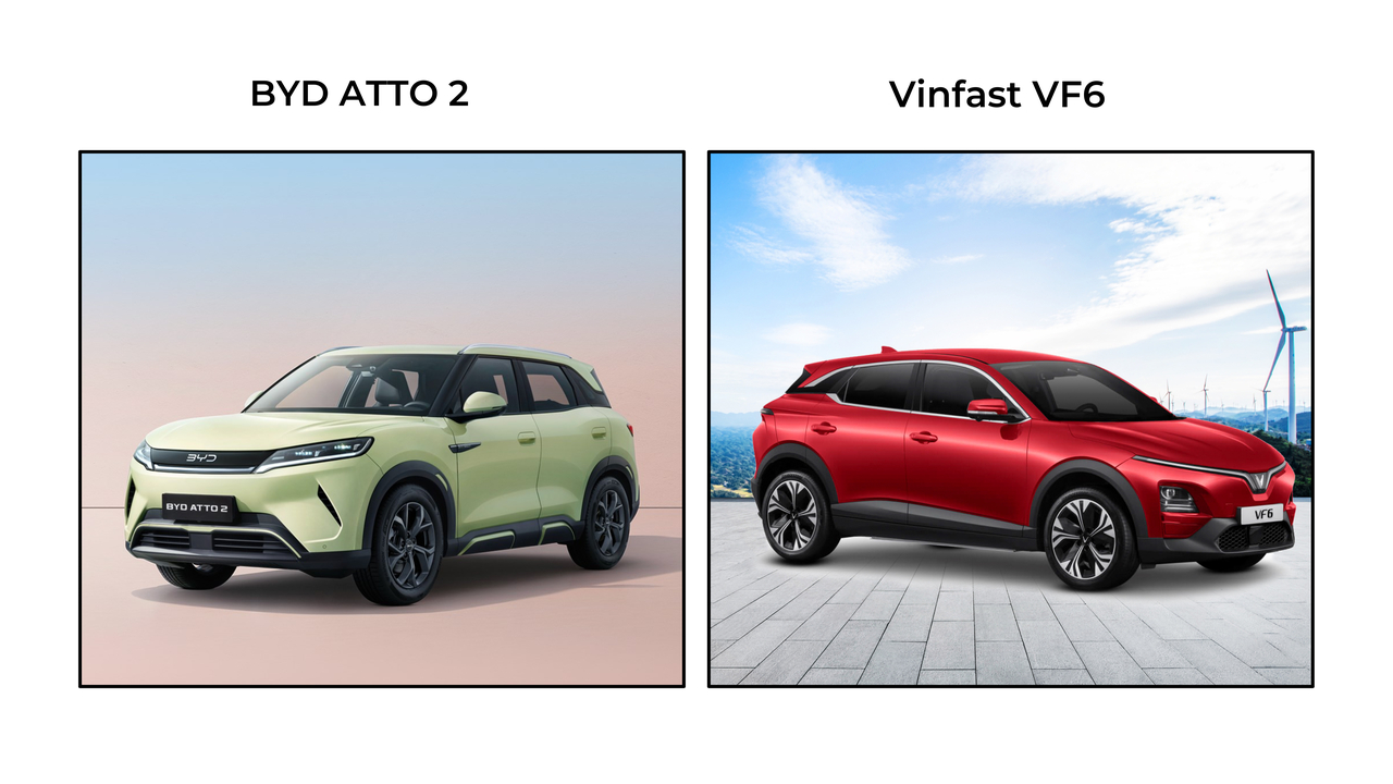 Hình ảnh so sánh BYD Atto 2 và VinFast VF6 về ngoại hình – hai mẫu xe điện cỡ nhỏ nổi bật tại thị trường Việt Nam năm 2025.